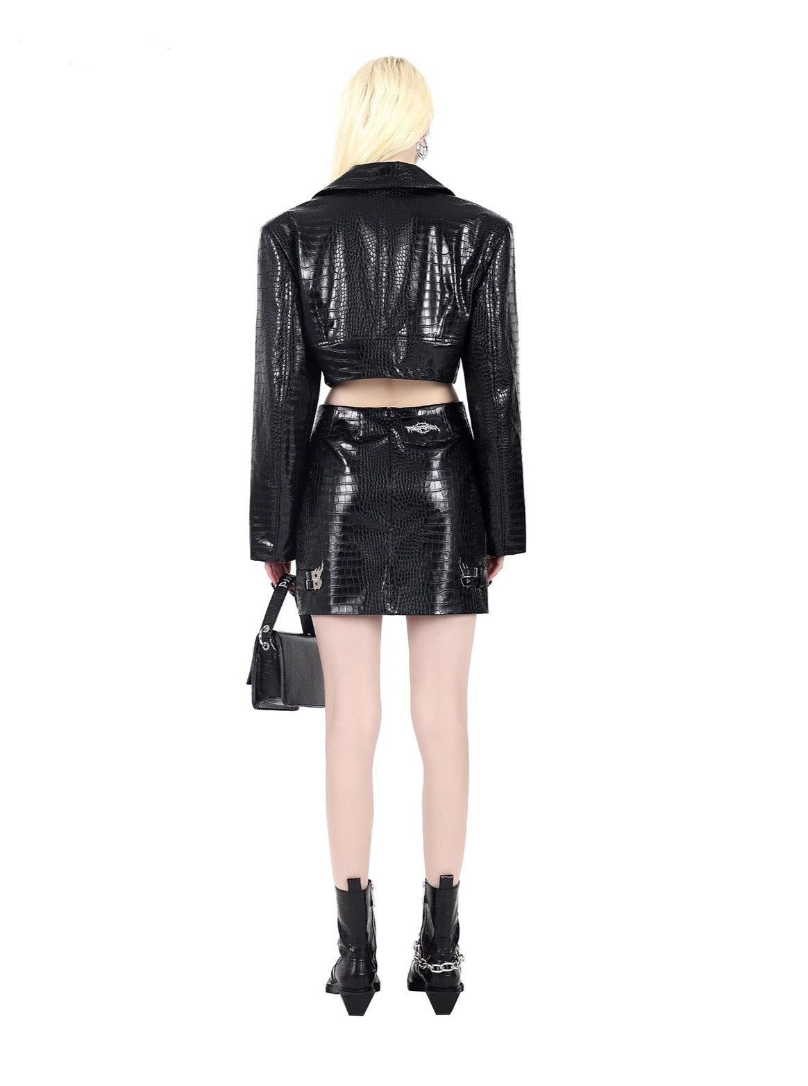 motorcycle leather jacket + buckle bag hip leather skirt sets