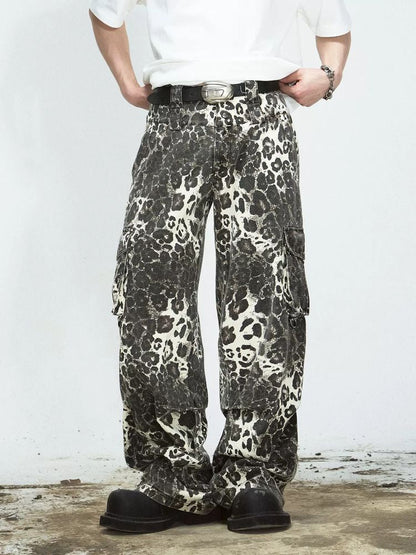 Leopard print multi-pocket casual pants