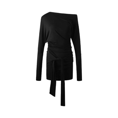 Pleated Strap Long-Sleeved Dress