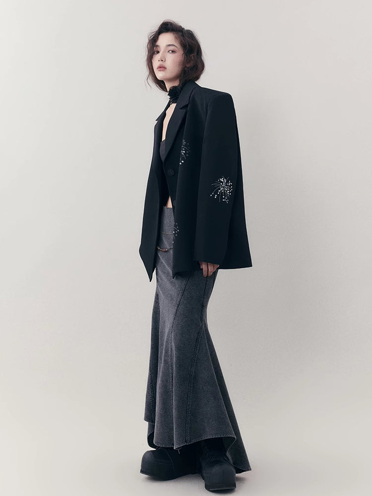 Embroidered Casual Jacket + Casual Wide Leg Pants