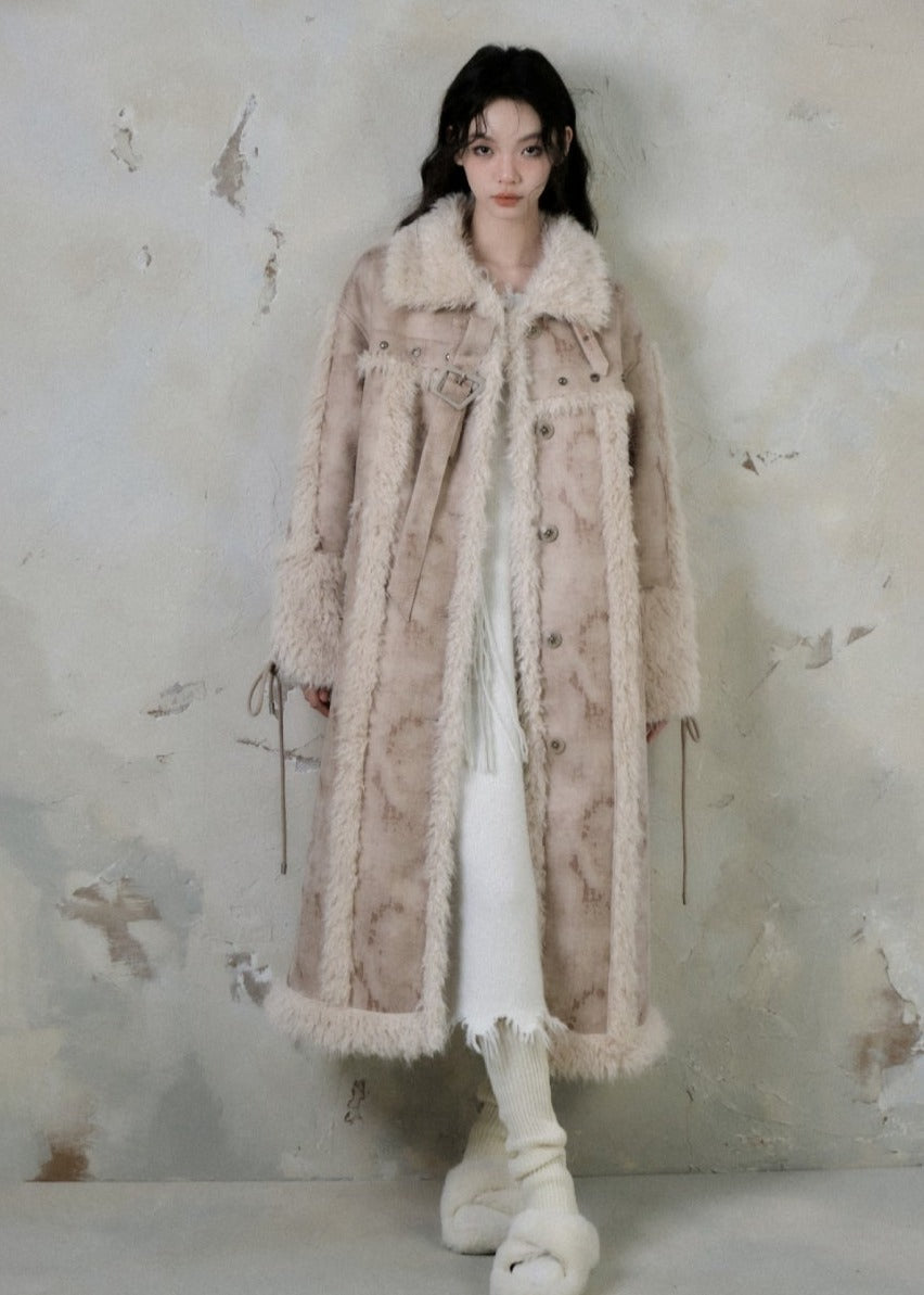 Long lamb fur integrated stitching jacket