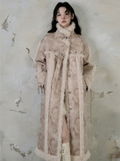 Long lamb fur integrated stitching jacket