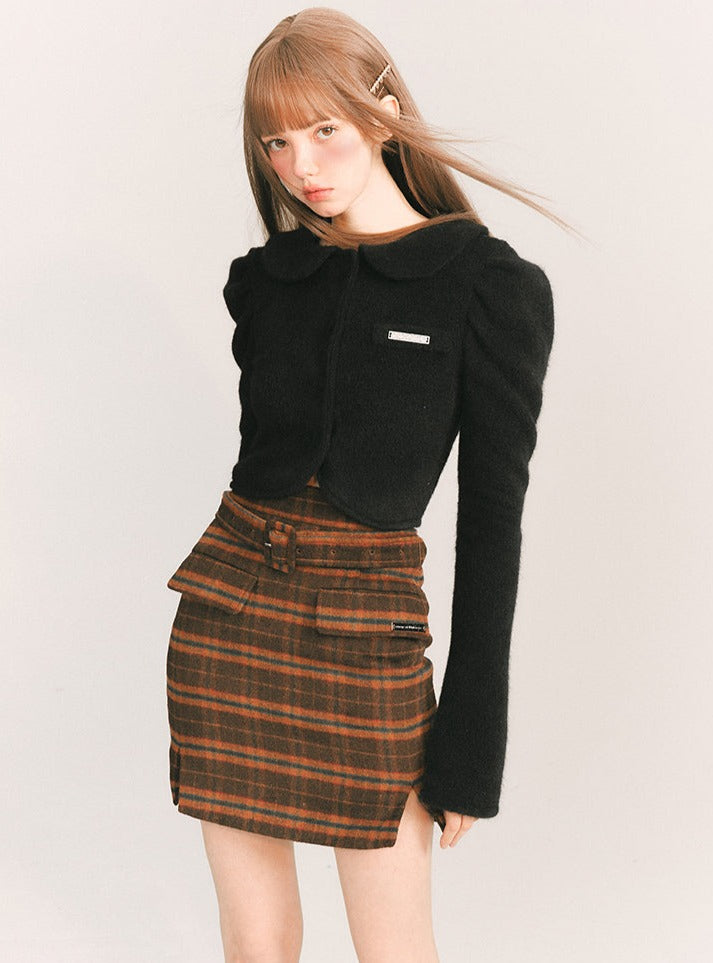 Black Tea Wool Plaid Skirt