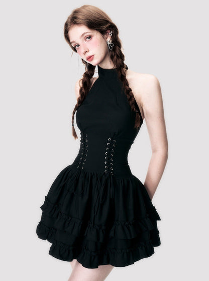 Halter Neck Lace-Up Ruffle Dress