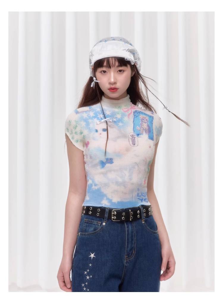 Printed pleated t-shirt