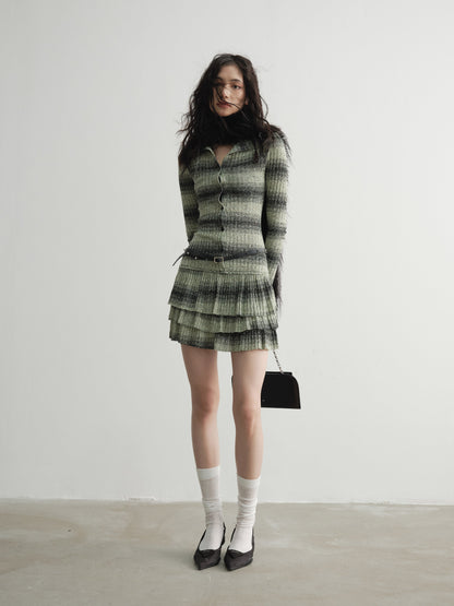 Striped ruffled knitted bottoming dress (belt included)