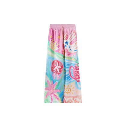 Bird and Floral Wide-Leg Pants