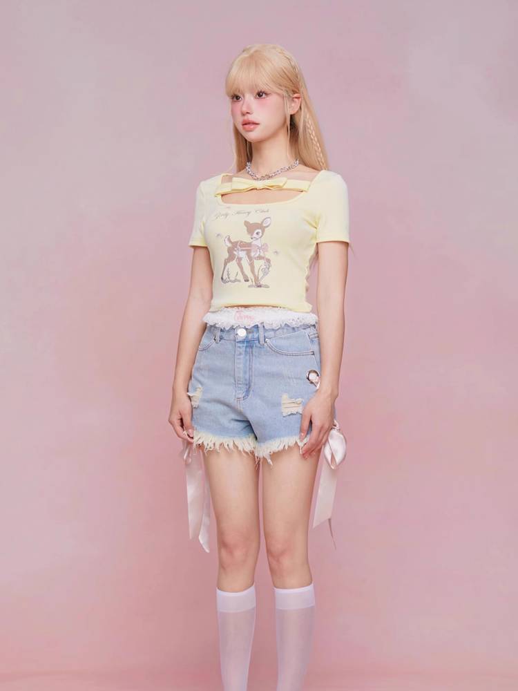 U-neck ribbon short-sleeve T-shirt