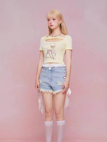 U-neck ribbon short-sleeve T-shirt