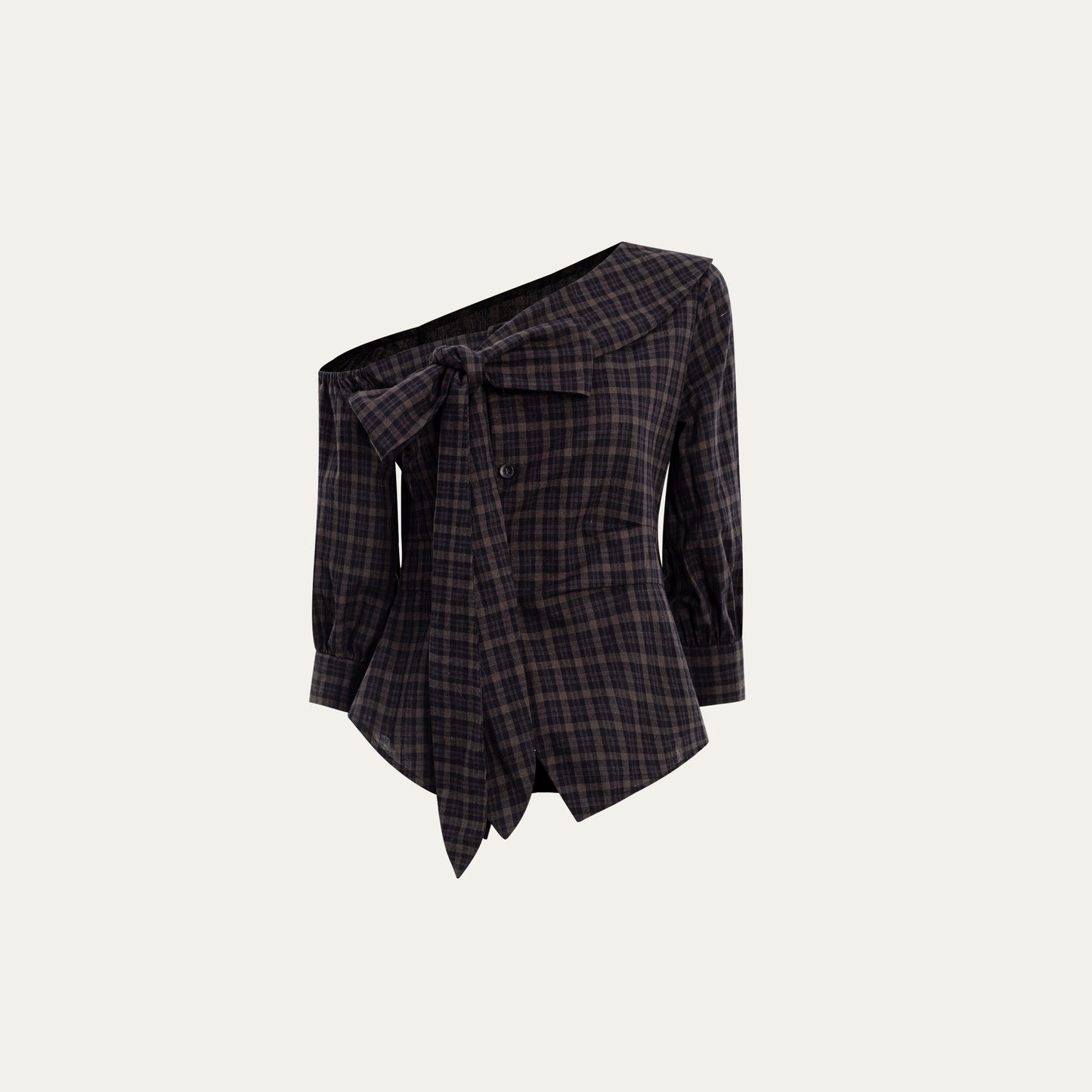 Kariertes One-Shoulder-Taillen-Shirt mit Schleife