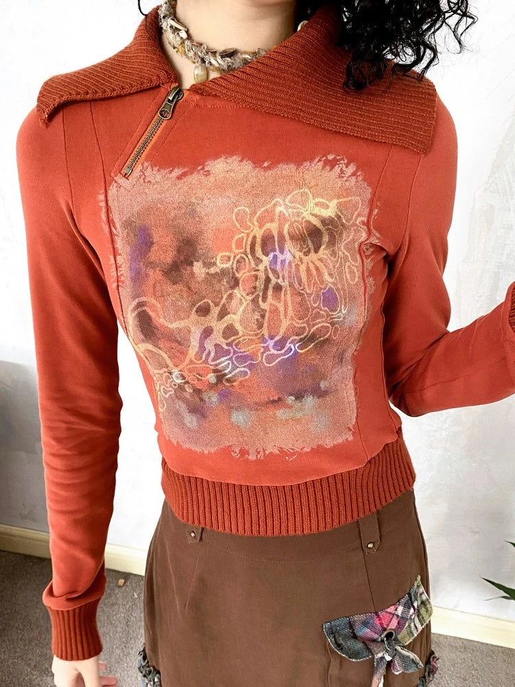 Asymmetric lapel print sweatshirt