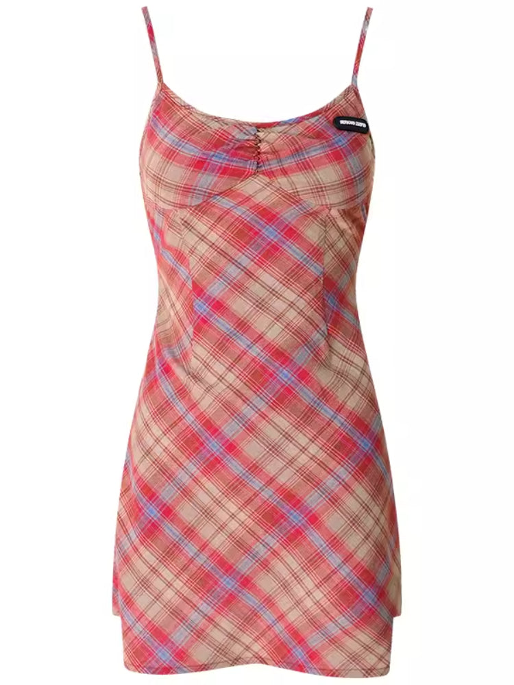 Retro plaid suspender dress