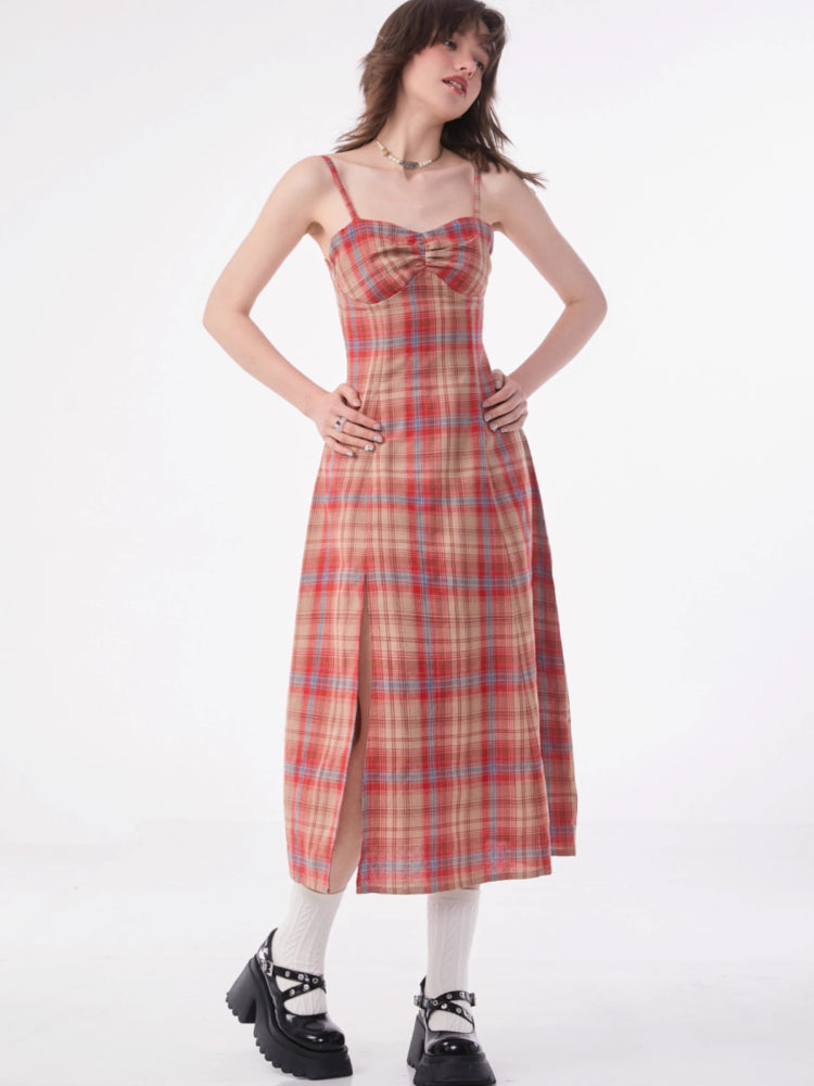 Retro plaid suspender dress