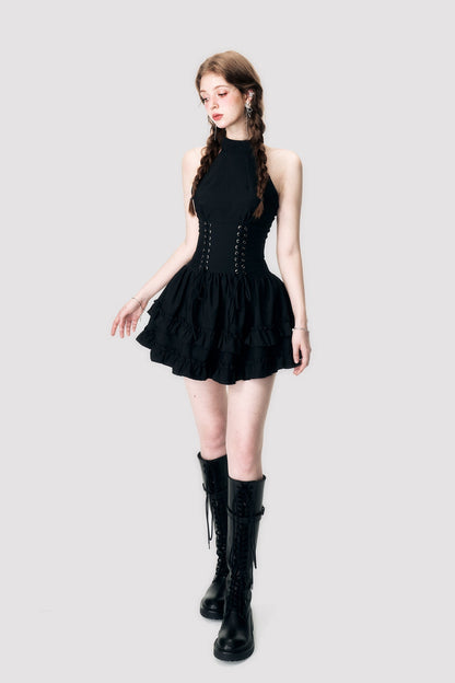 Halter Neck Lace-Up Ruffle Dress