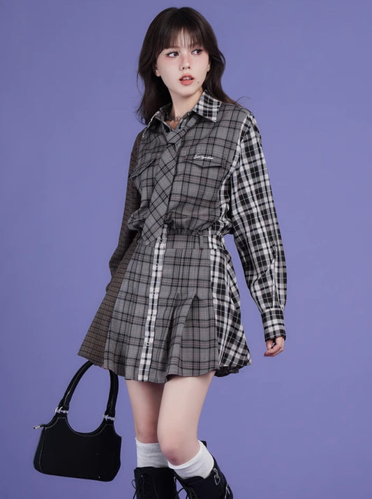 Sweet and patchwork plaid loose shirt dress