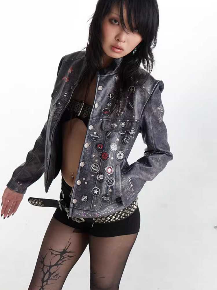 Retro distressed punk leather jacket