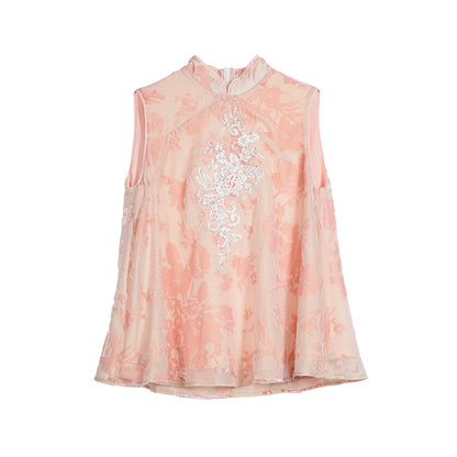 Embroidered Pink Cheongsam Skirt Set-Up