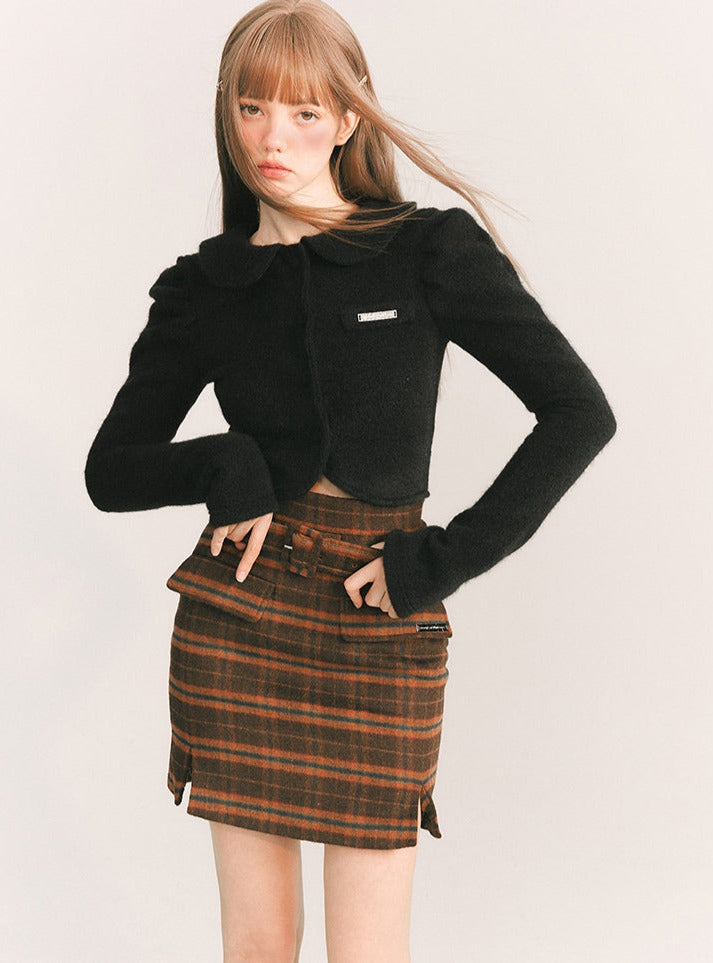 Black Tea Wool Plaid Skirt