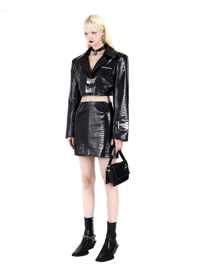 motorcycle leather jacket + buckle bag hip leather skirt sets