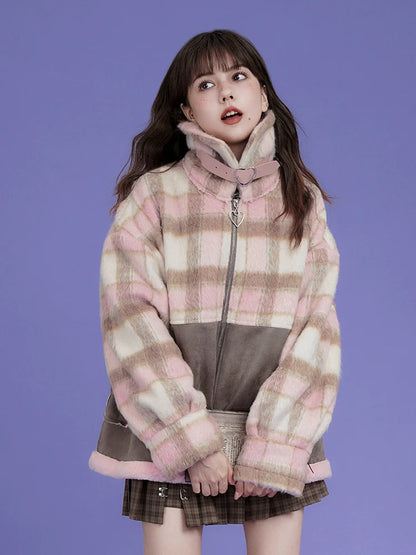 Plaid Turtleneck Fur Loose Tweed Jacket