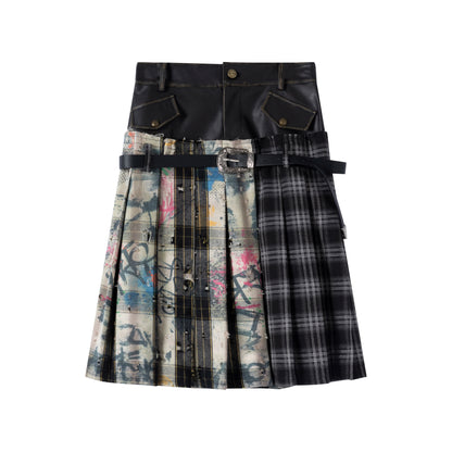 Leather Waist Plaid Pleated Skirt
