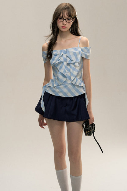 Blue Check Bow Straight Shoulder Top