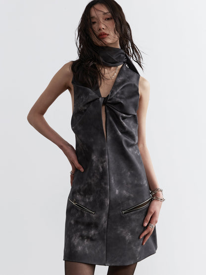 Ink-dyed leather scarf dress