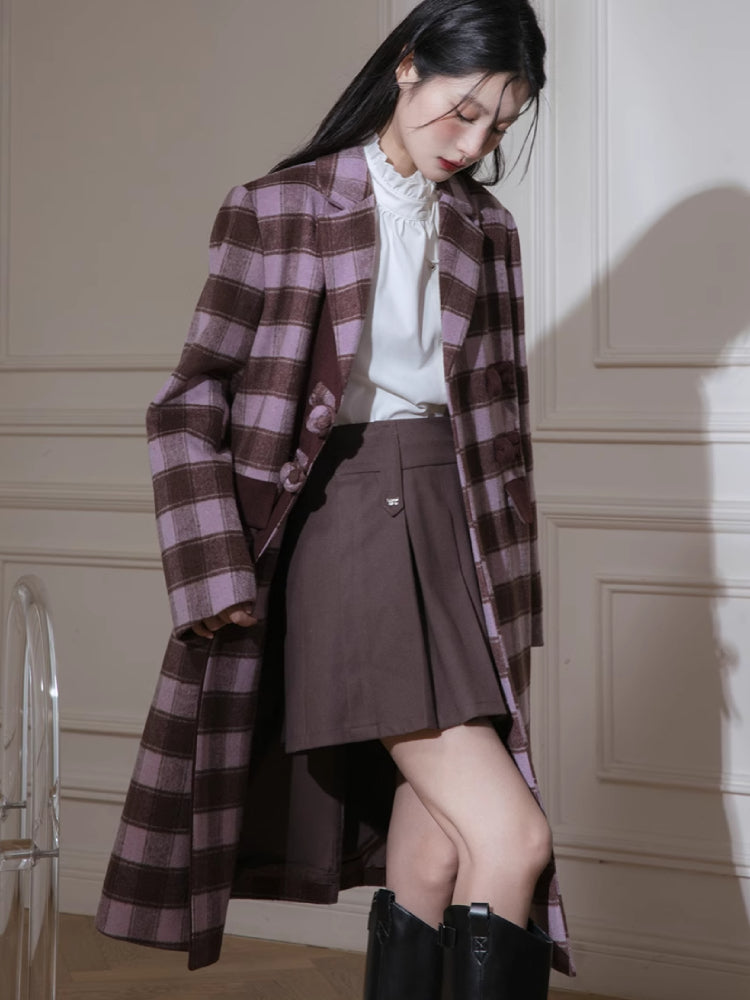 Rose plaid wool long jacket