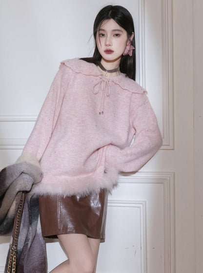 Fur edge lotus neck sweater