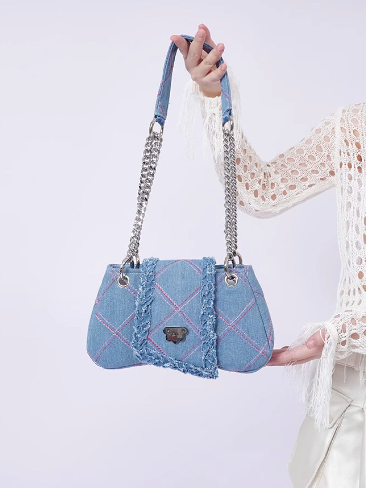 Plaid denim shoulder bag