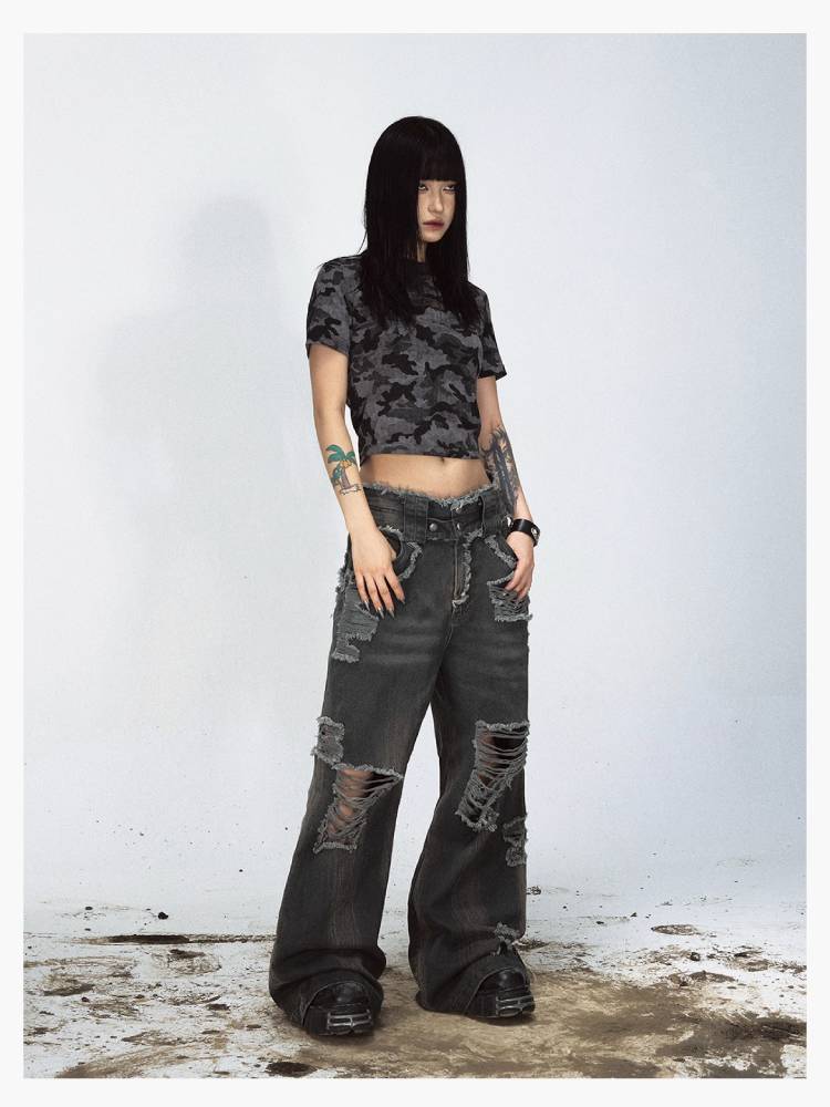 Distressed loose wide leg pants