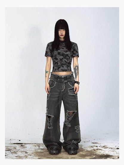 Distressed loose wide leg pants