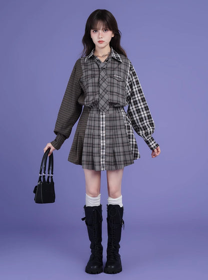 Sweet and patchwork plaid loose shirt dress