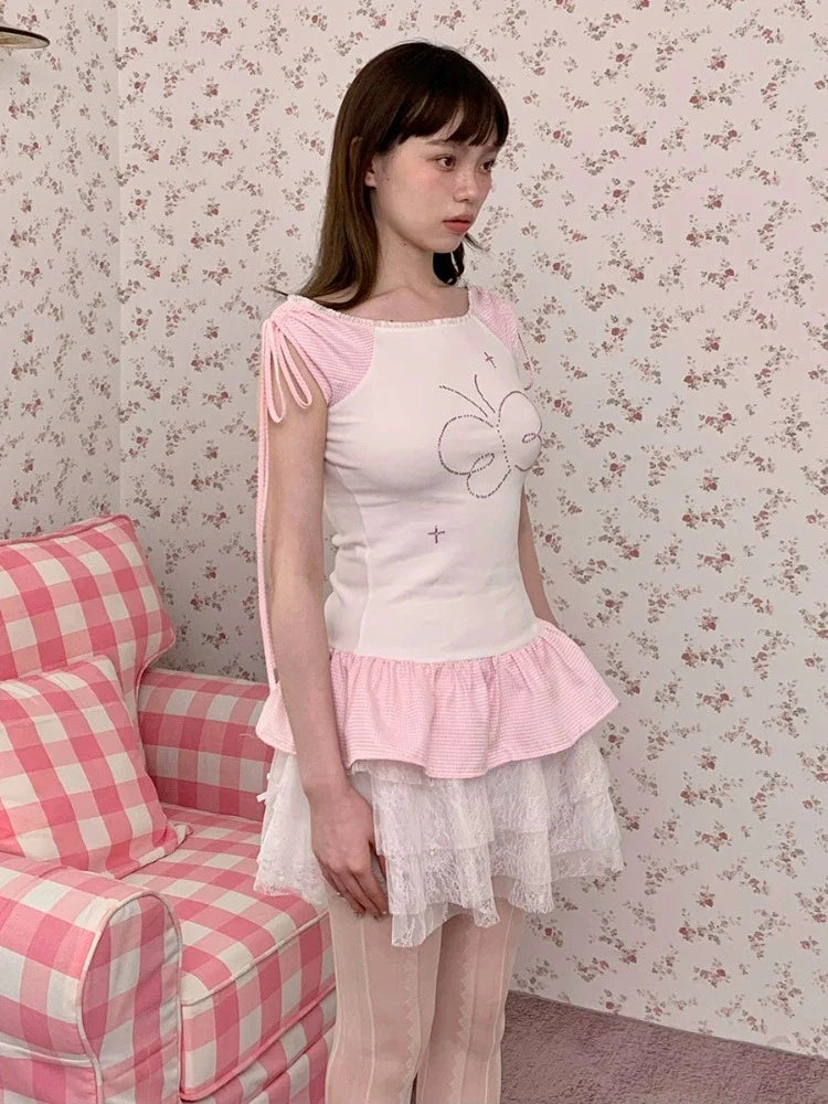 Frilled short sleeve T-shirt