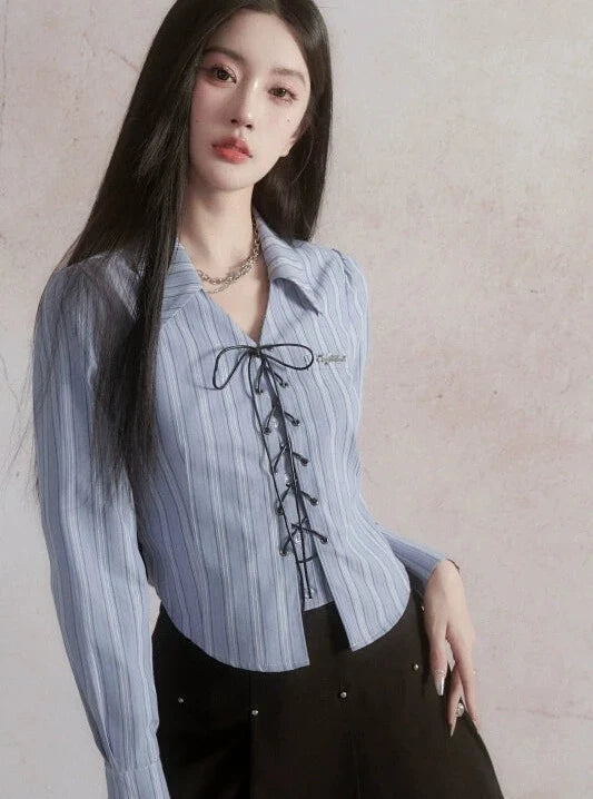 Salt-based striped casual lace-up shirt