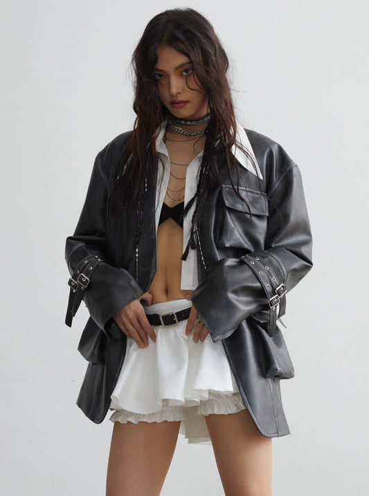 Vintage imitation pocket leather jacket