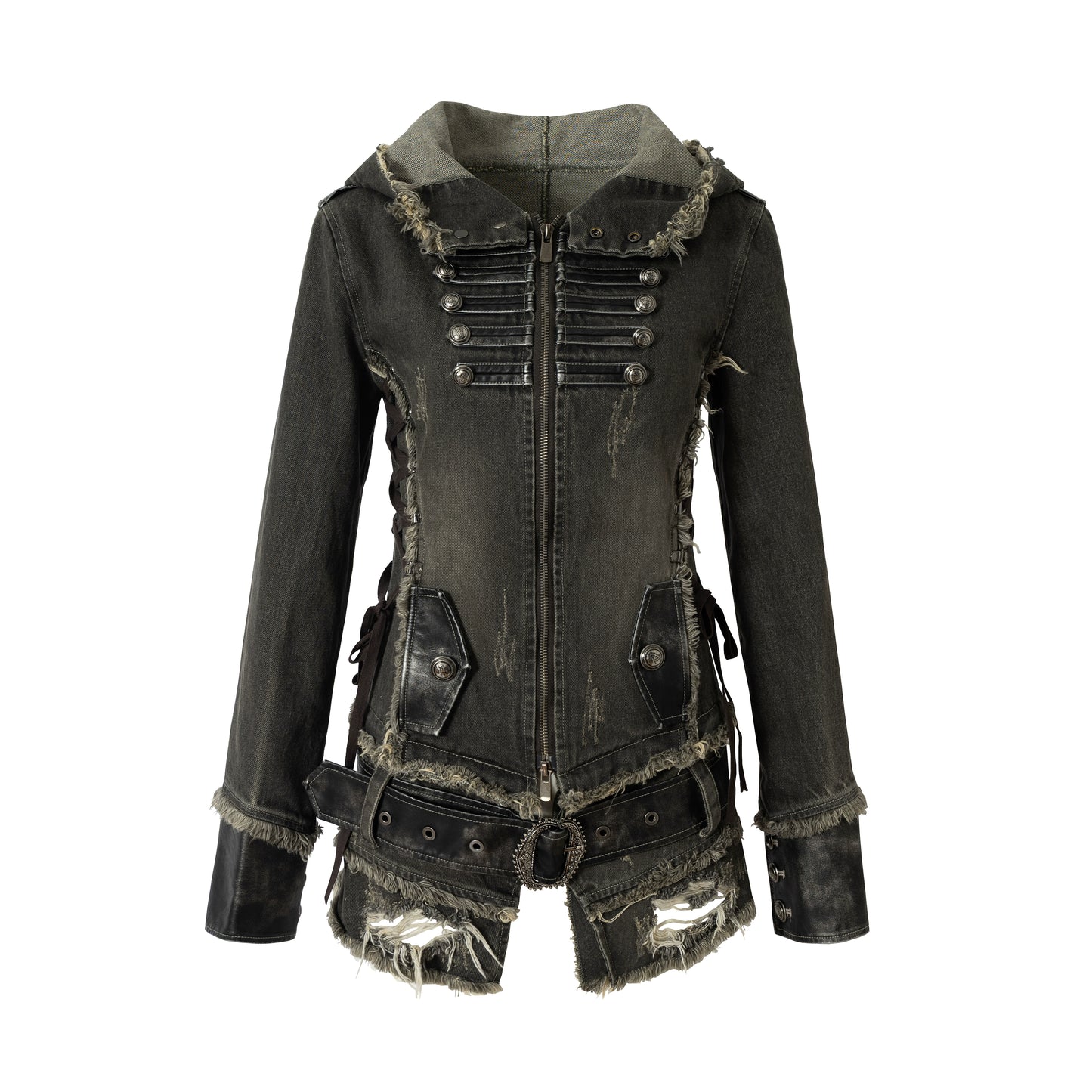 Distressed Denim Slim Fit Hooded Coat