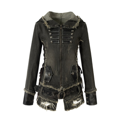 Distressed Denim Slim Fit Hooded Coat