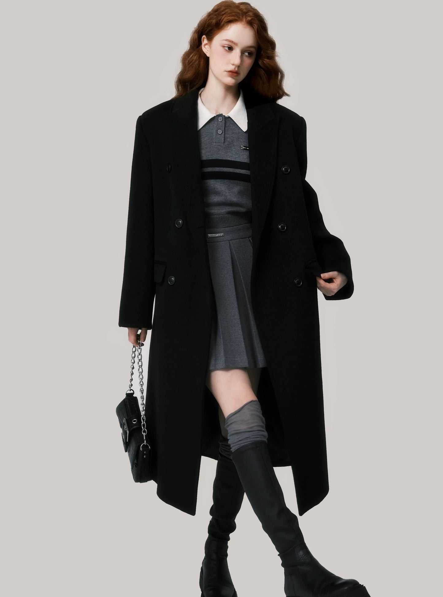 Shoulder pad wool neat long coat