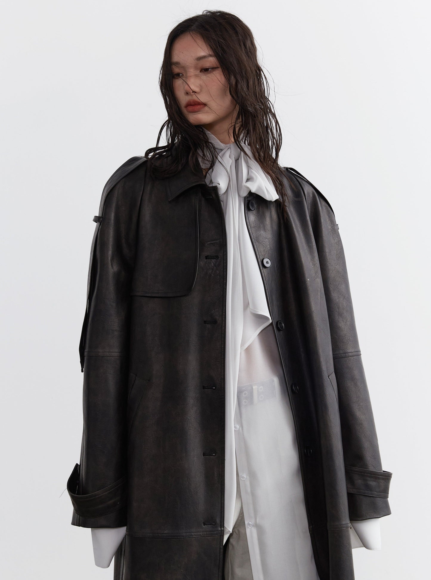 leather heavy maxi trench coat