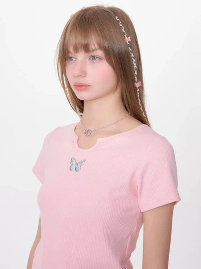 U-neck butterfly short sleeve T-shirt