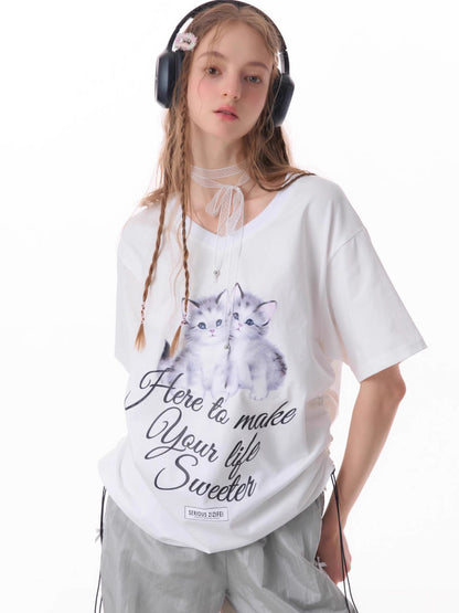 Cat print V-neck short sleeve T-shirt