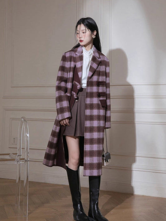 Rose plaid wool long jacket