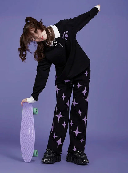 black purple stars sweet cool knitted pants