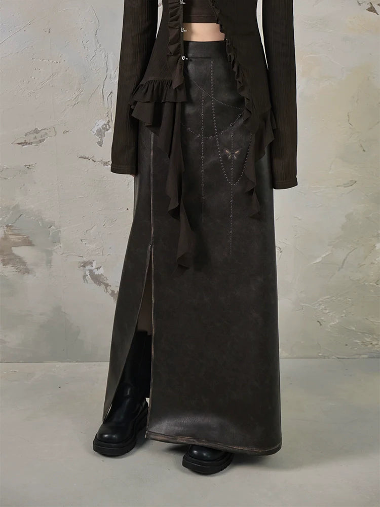 vintage butterfly leather coat and skirt set