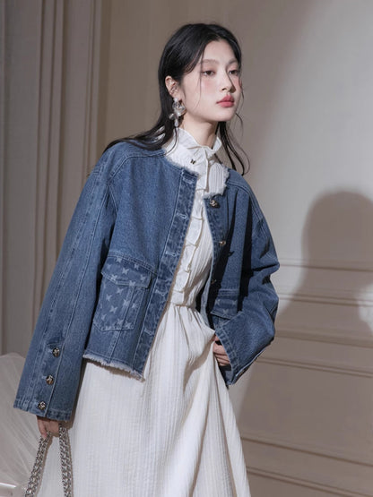 Denim jacket + suspenders skirt