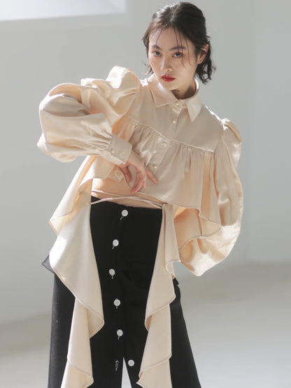 Waist ruffles long-sleeved short shirt