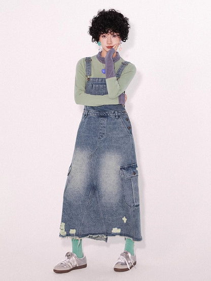 Loose denim suspender skirt