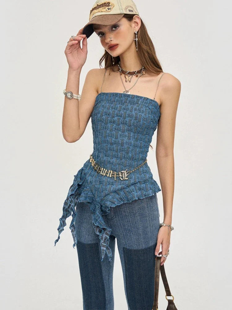 Denim lace tube top