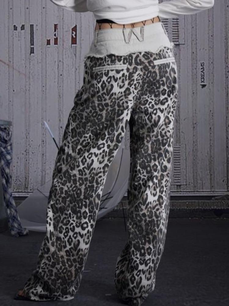 Retro leopard print straight pants